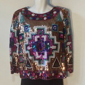 Sequined top Art to Wear multi colored unique pattern vintage formal